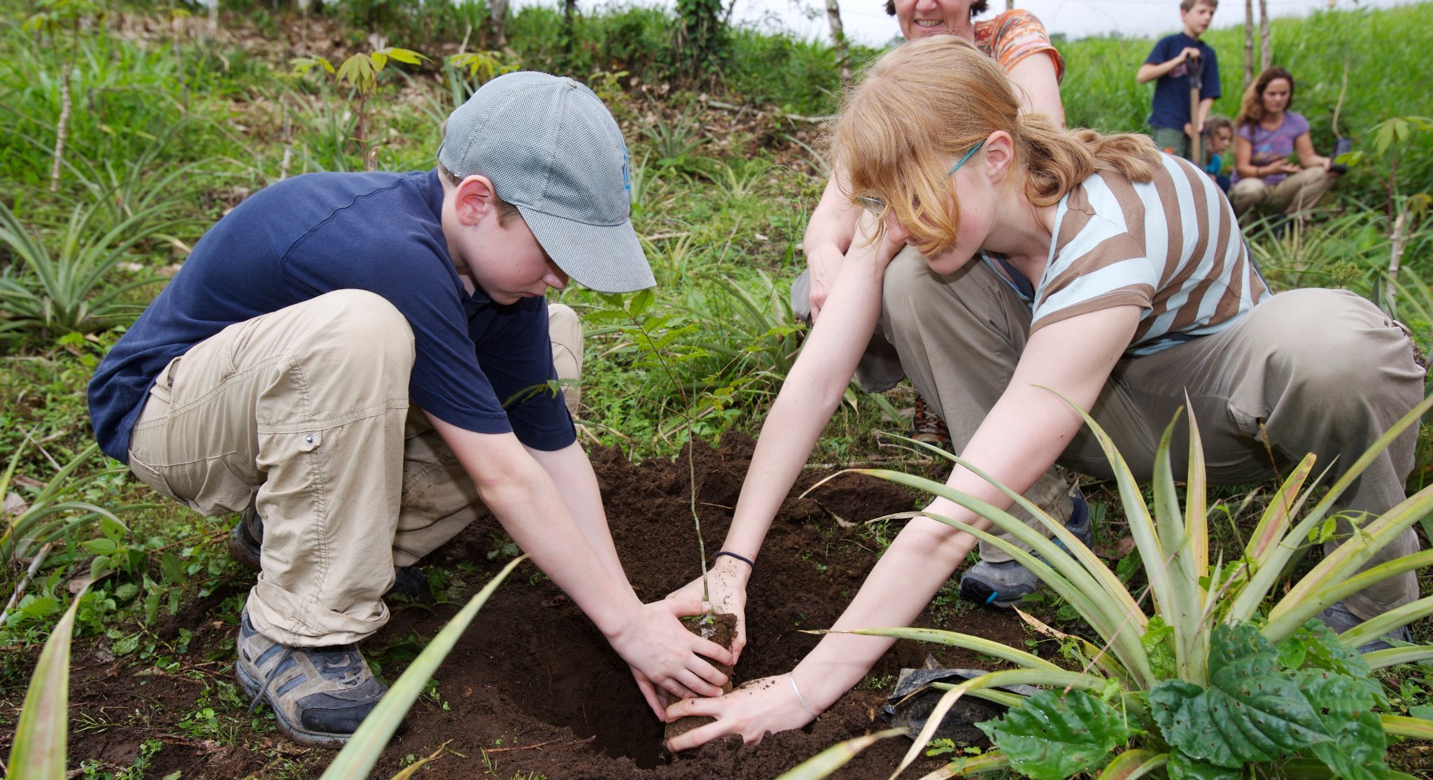 Costa Rica mit Kindern - Regenwaldprojekt: La Tigra Rainforest Lodge - Kinder beim Baum pflanzen